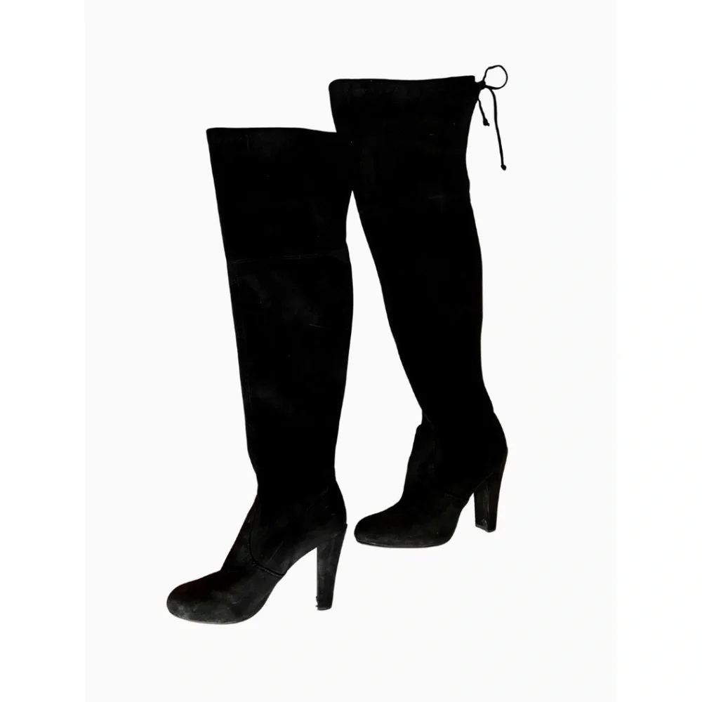 Black Faux Suede Over the Knee High Block Heels Boots - 7